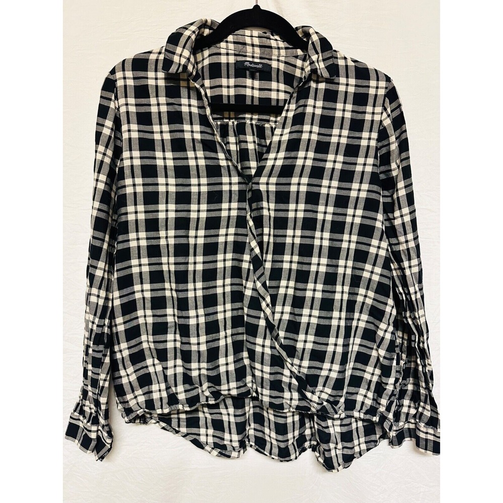 Madewell Plaid Long Sleeves Wrap Top Blouse Black White Size Medium High Low